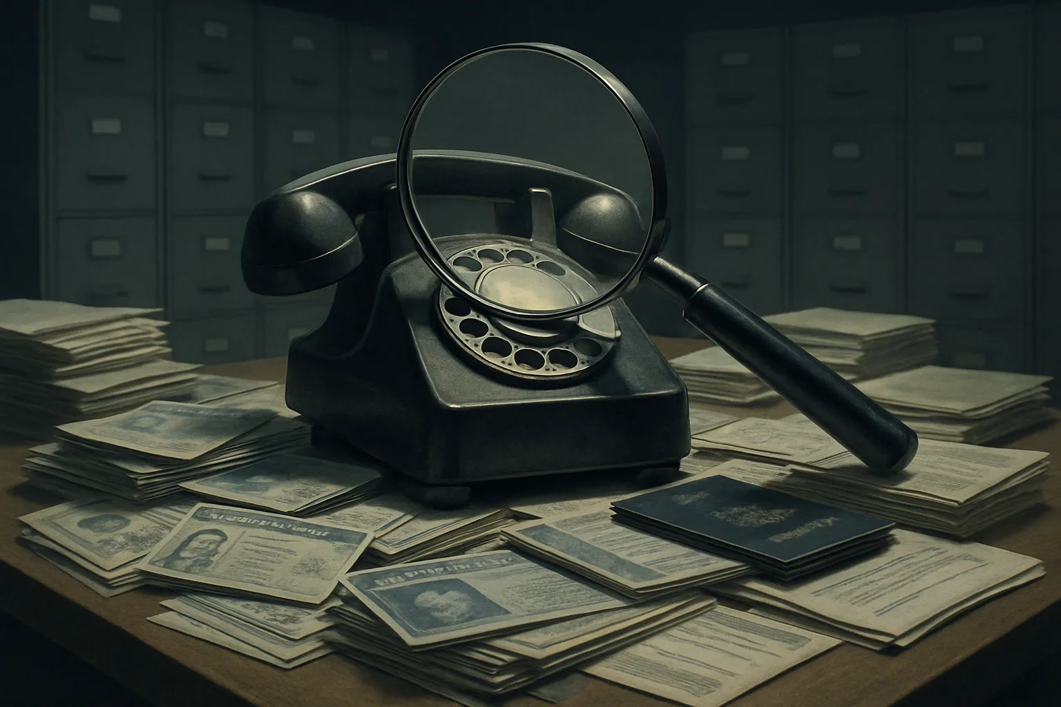 A surveillance eye overlaid on a US map with phone lines and government ID cards, representing the FCC KYC phone identity database proposal