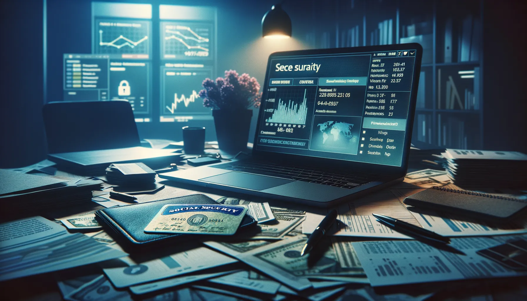 Financial documents and a Social Security card on a desk with a laptop showing a portfolio dashboard in moody blue lighting