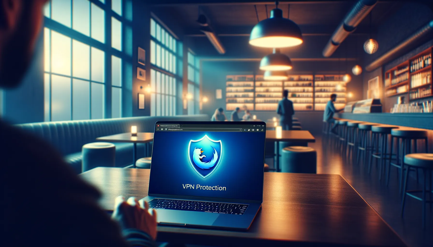 A laptop showing Firefox browser with a VPN shield icon in a coffee shop setting