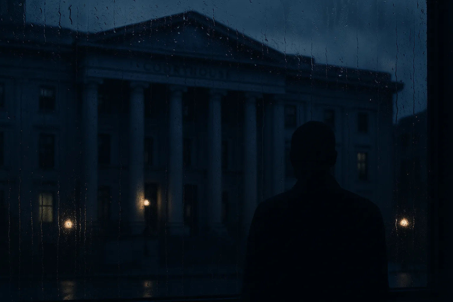 A government courthouse photographed at dusk through rain-streaked glass, with a silhouette of a person suggesting institutional surveillance