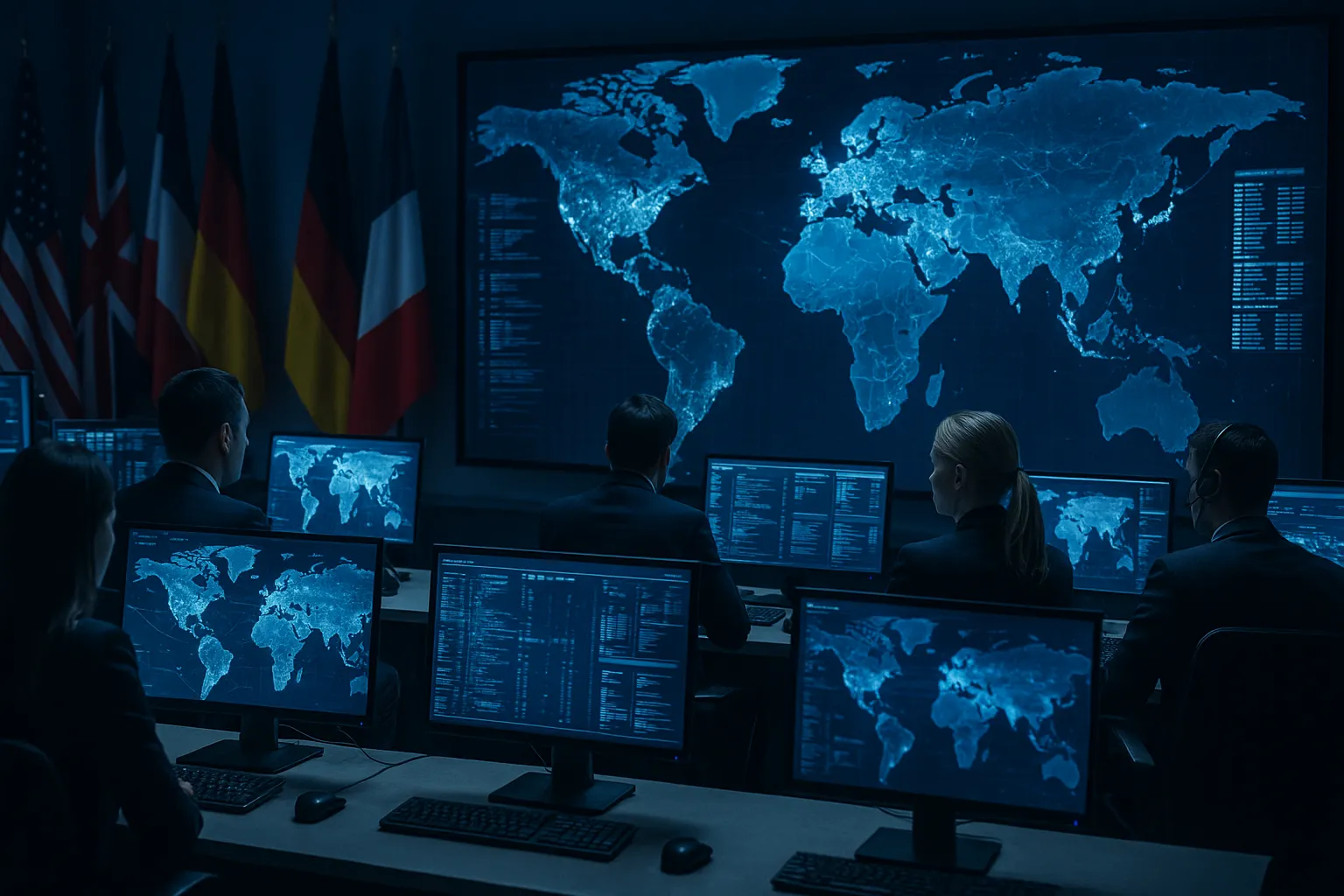 Global intelligence operations center with world maps and data streams on multiple screens representing the Five Eyes cybersecurity collaboration
