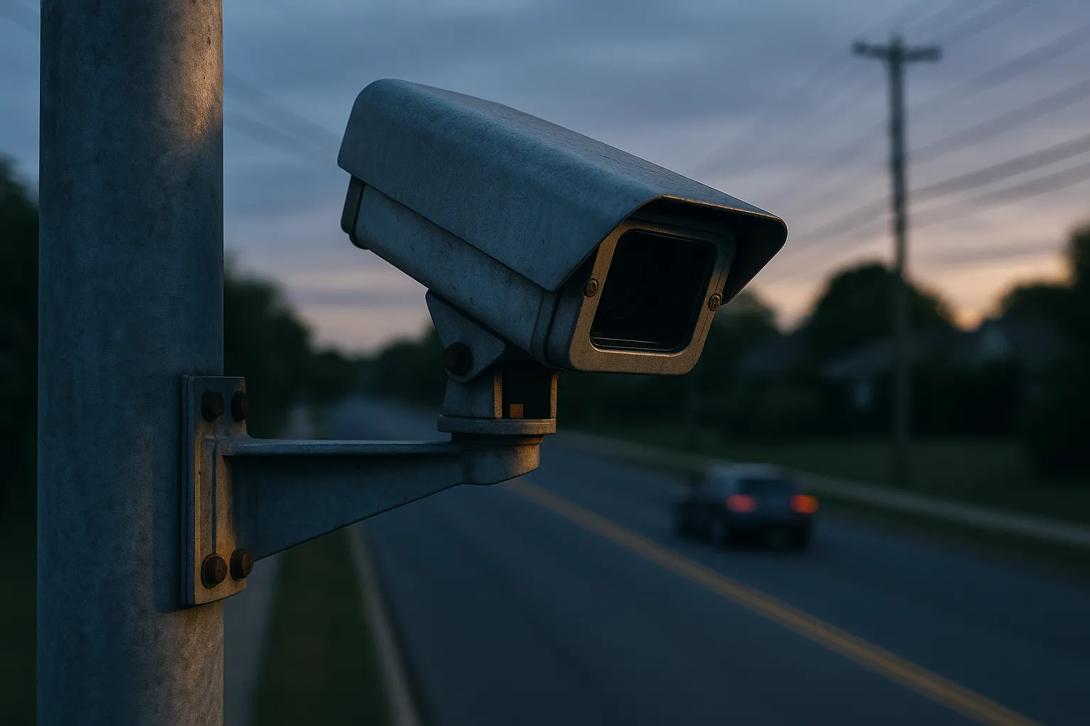 A pole mounted automated license plate reader camera above a suburban road at dusk, aimed at passing traffic