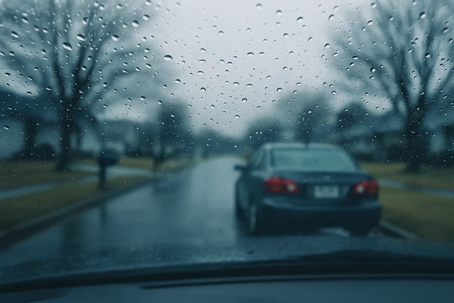 View through a rain flecked windshield of a quiet American suburban street on an overcast day, a parked sedan at the curb with its license plate out of focus