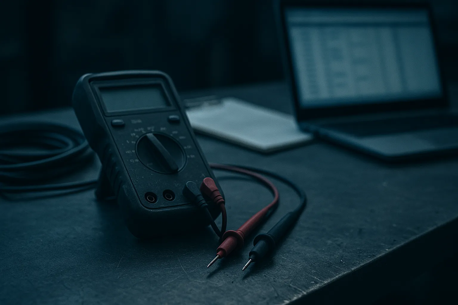 A digital multimeter and test leads on an industrial workbench beside a laptop showing an open support ticket, representing leaked Fluke customer service records