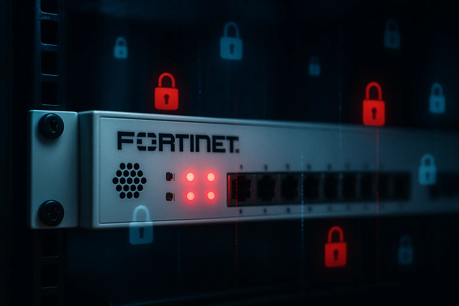 Network firewall appliances in a server rack with warning lights