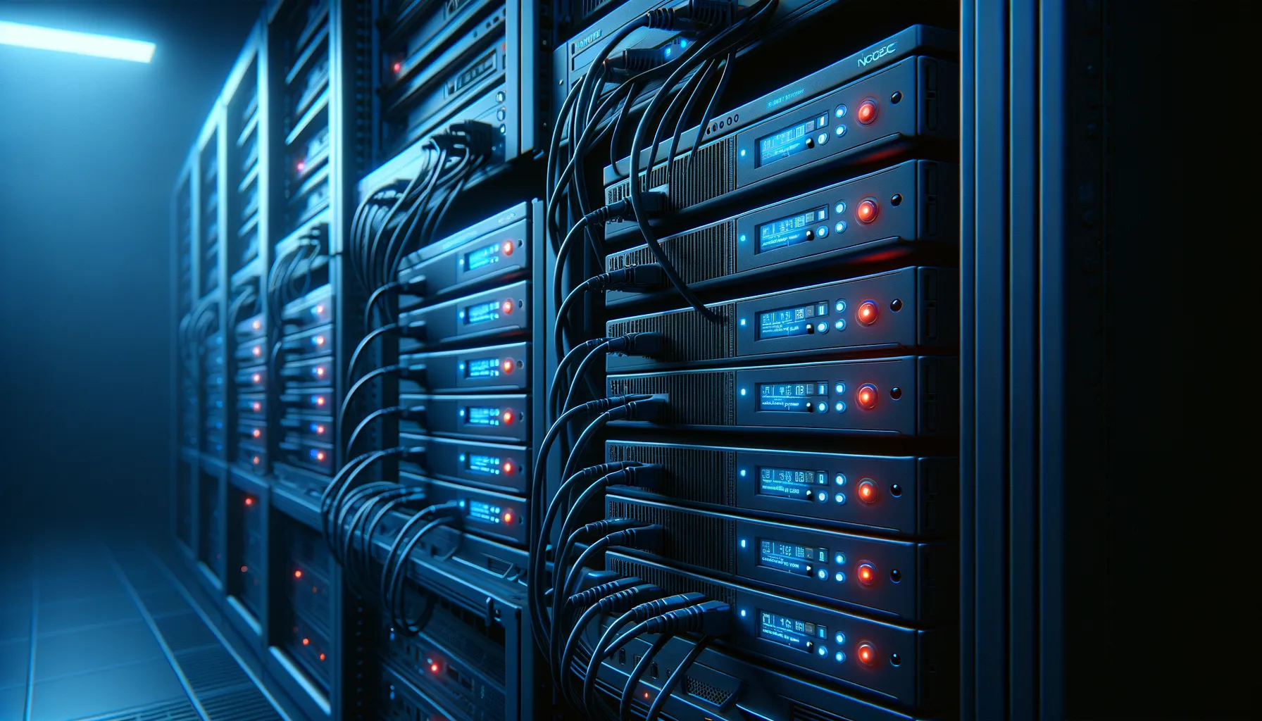 Row of network firewall appliances in data center with one showing red compromise indicator