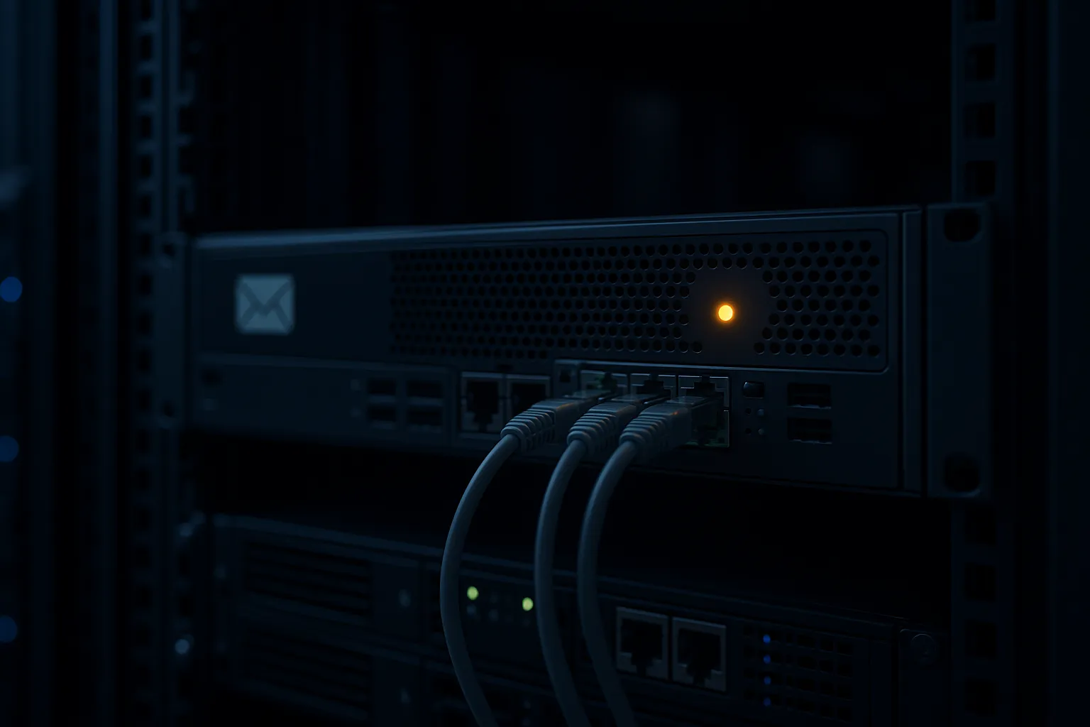 A rack mounted email security appliance in a dark server room with a single amber warning light on its front panel and network cables plugged into its ports