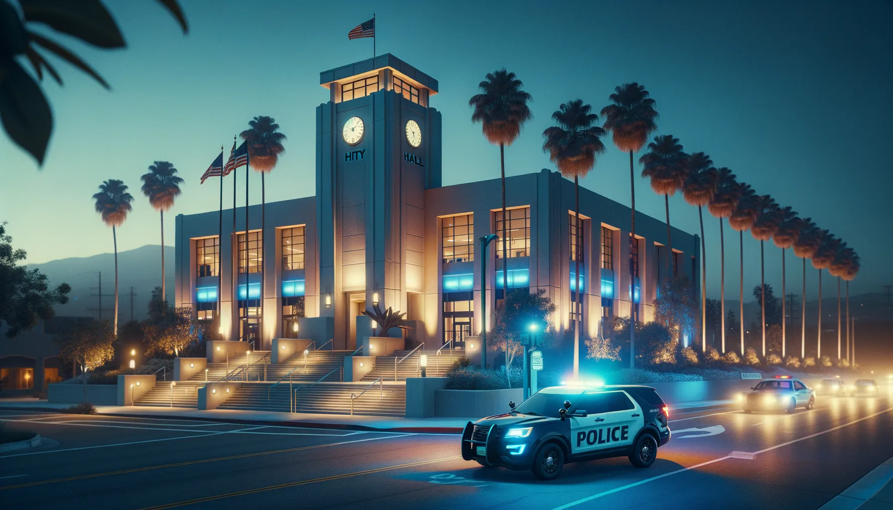 A city hall building at dusk with lights partially dark suggesting a systems outage, with a police car parked outside in a California suburban setting