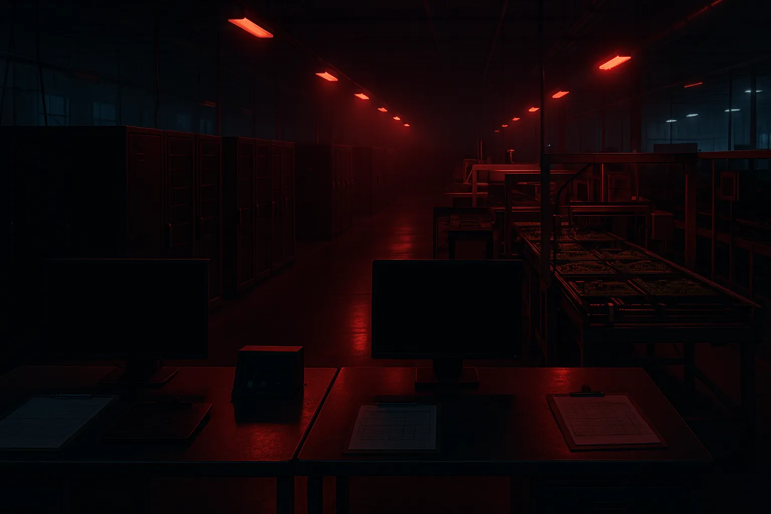 Empty electronics factory floor with red emergency lighting and dark monitor screens illustrating a ransomware attack disruption