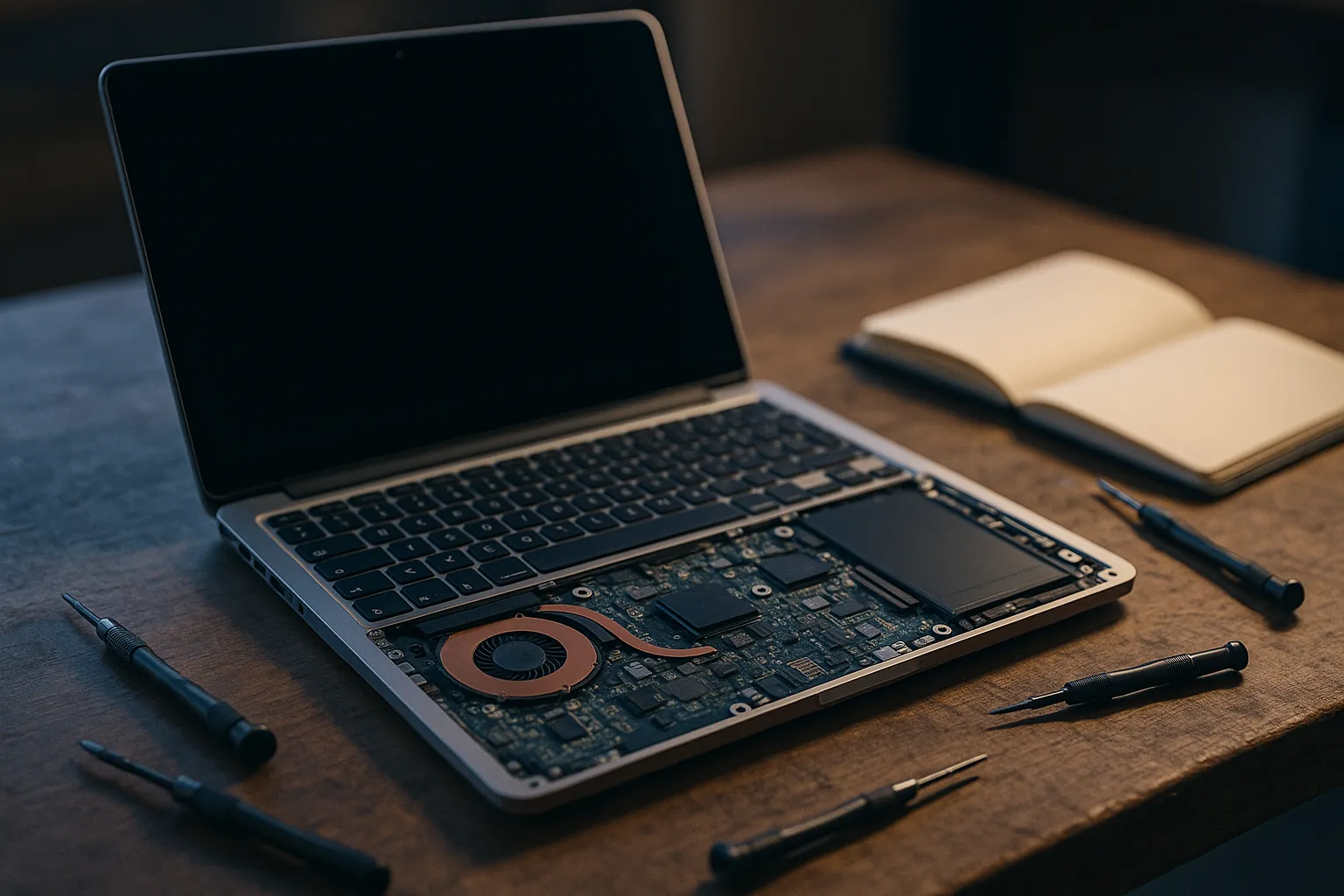 A partially disassembled modular laptop on a wooden workbench beside precision screwdrivers and an open notebook under warm task lighting