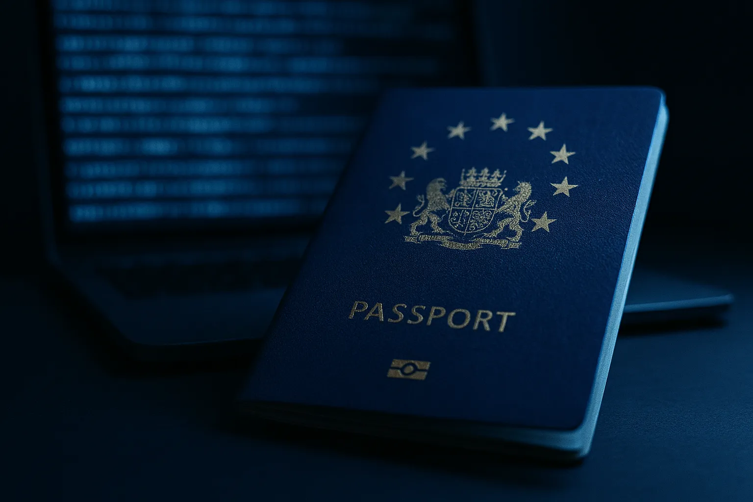 A European passport lying on a dark surface illuminated by the blue glow of a laptop screen displaying encrypted data, symbolizing the France ANTS identity document breach