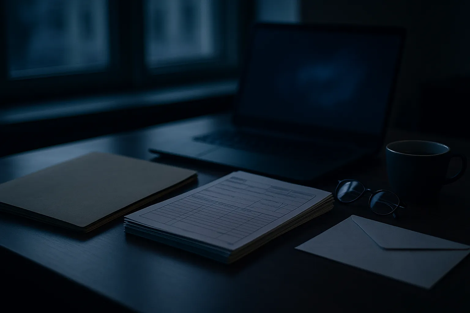 A darkened government office desk at night with a stack of blank tax forms, a closed folder, a laptop, reading glasses and a plain white envelope in cool blue light
