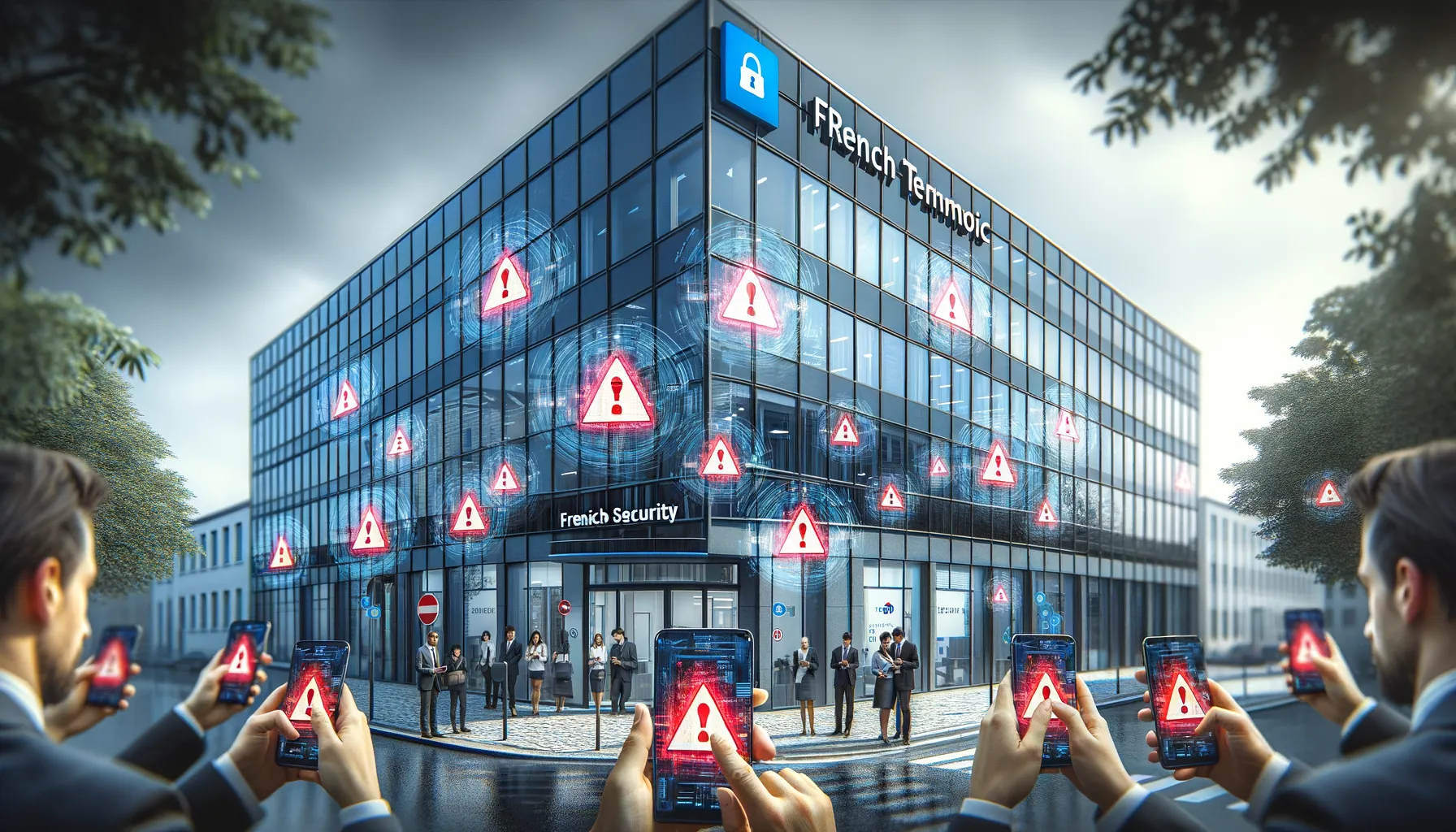 Telecom office building with security breach visualization on mobile devices