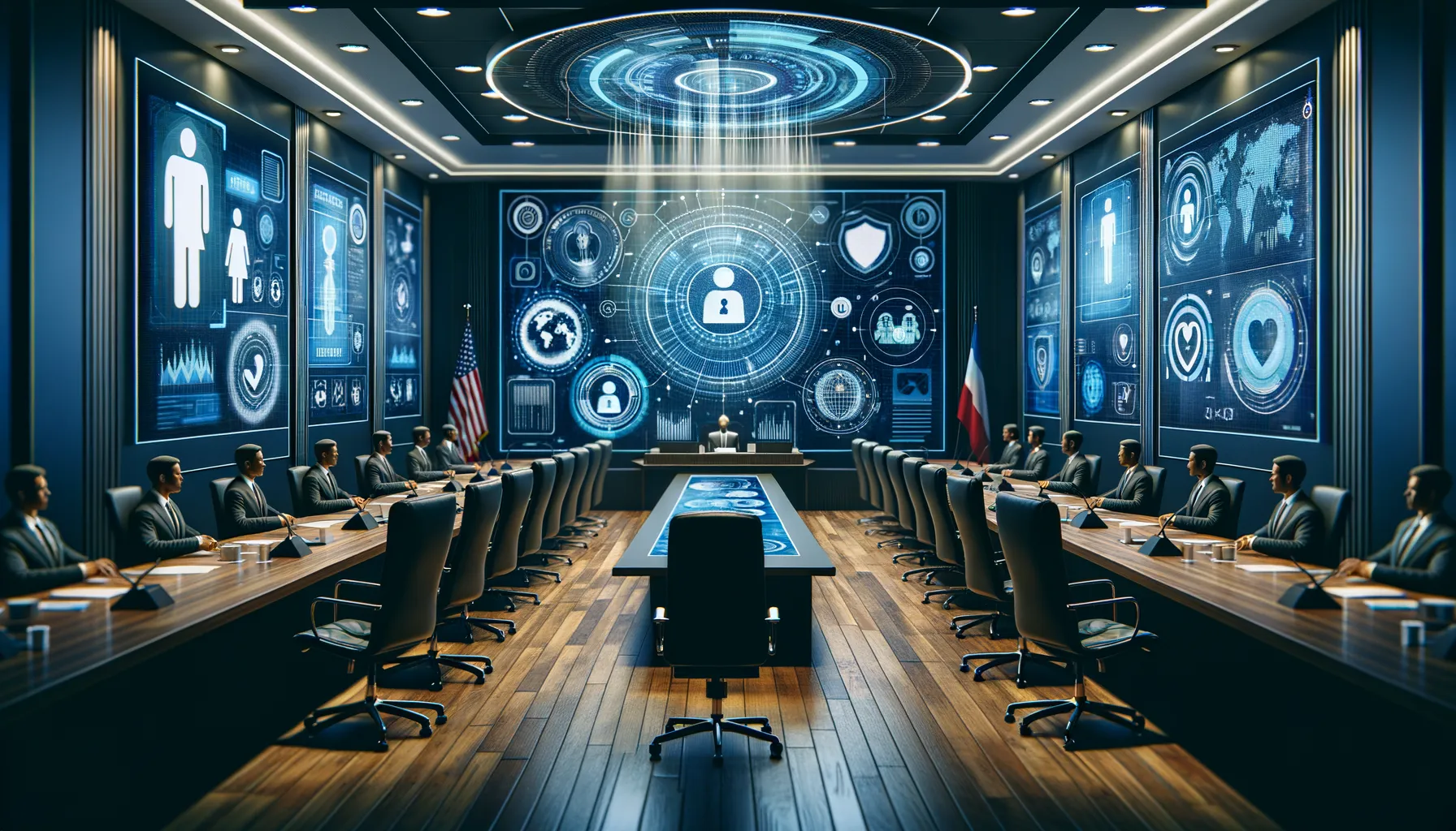Government conference room with screens showing identity verification and child safety policy discussion