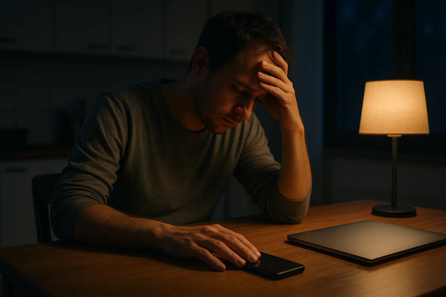 A worried person sitting at a kitchen table at night with a phone held face down under one hand and a closed laptop beside it, lit by a soft lamp