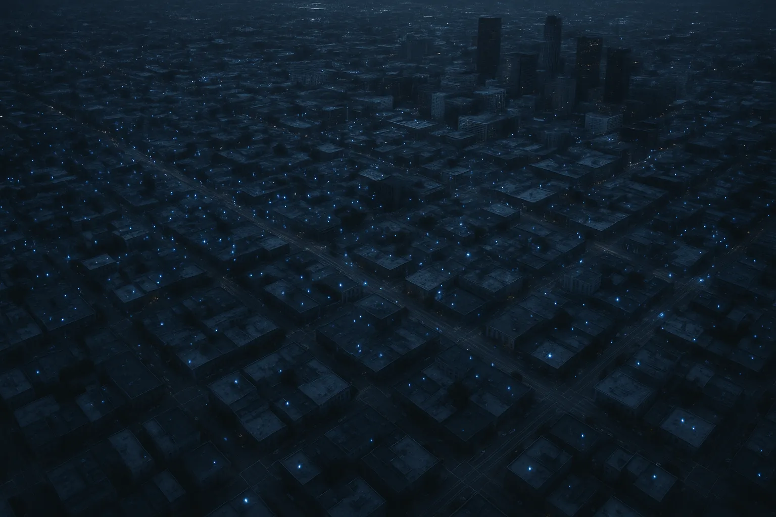Aerial view of an American city at twilight with thousands of indigo light points scattered across streets and buildings representing mobile phone GPS pings being collected by data brokers