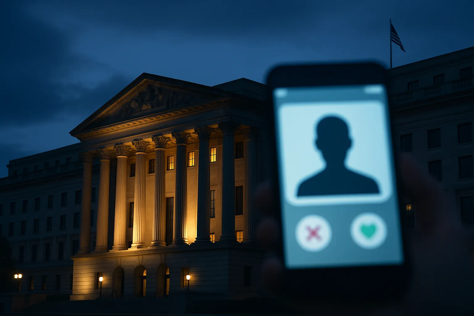 A federal government building at dusk with a smartphone displaying a blurred dating app profile in the foreground, suggesting regulatory scrutiny of digital privacy