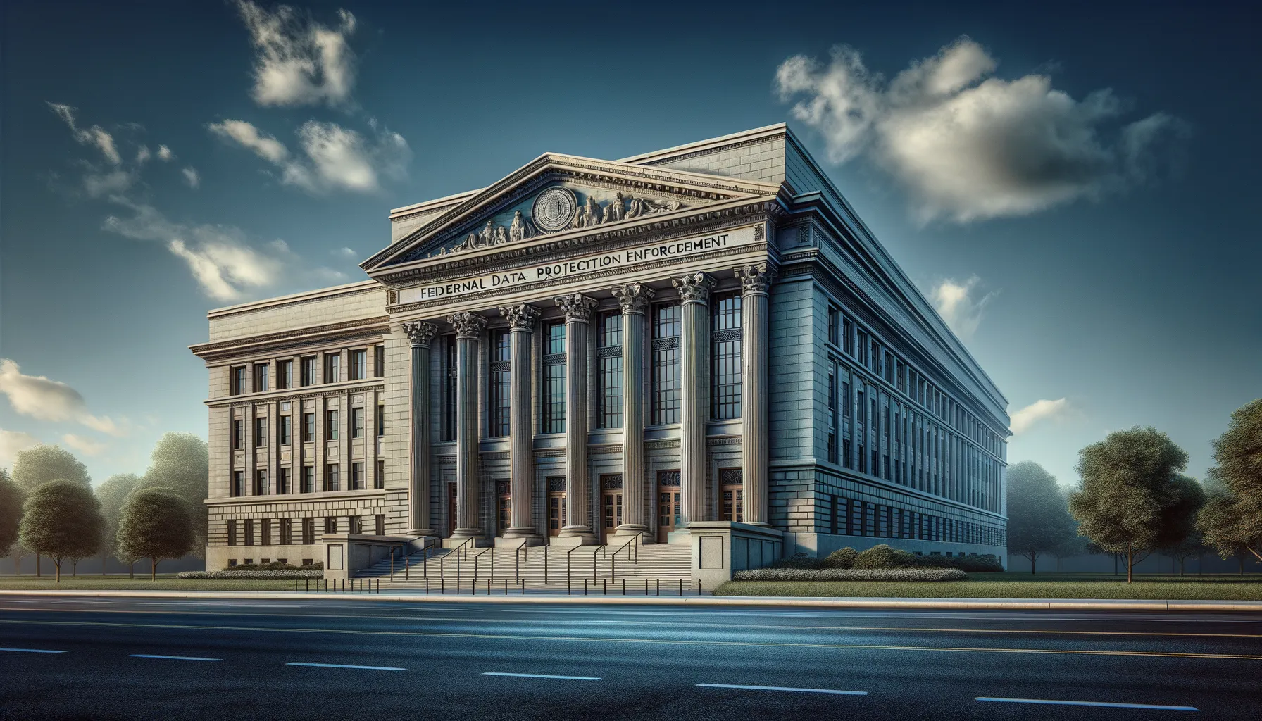 A government building with the FTC seal, with streams of data flowing outward being blocked by a shield, symbolizing data protection enforcement against foreign adversaries