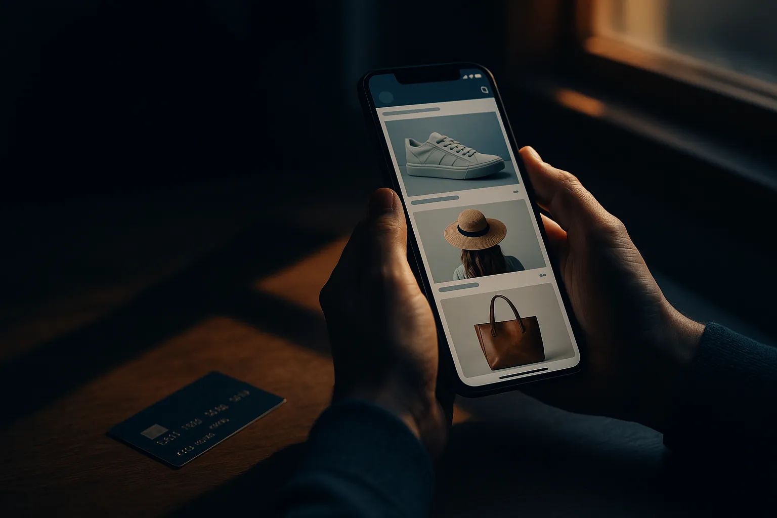 Hands holding a smartphone showing social media shopping ads with a credit card nearby