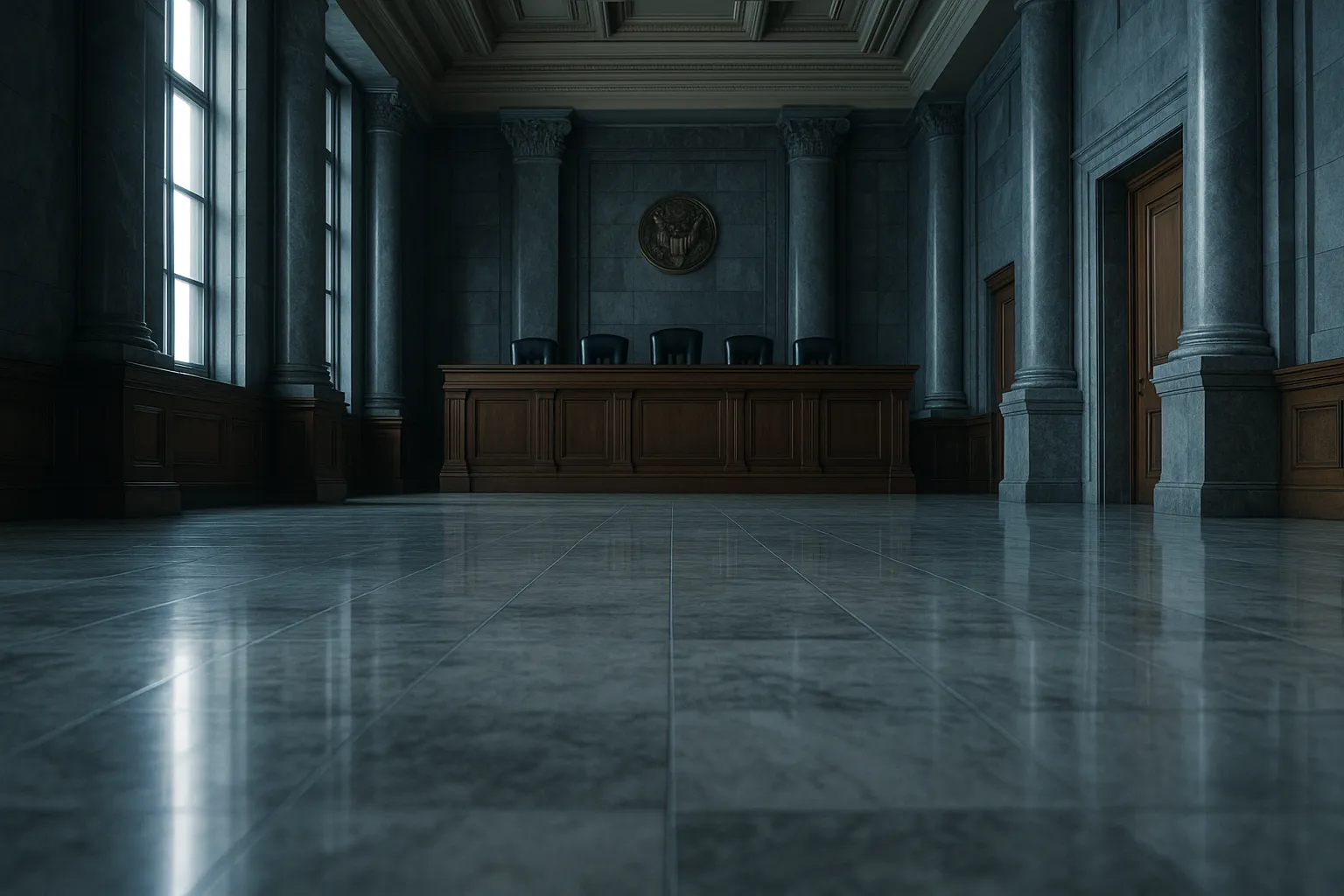 Empty federal courthouse interior with marble floors and a judges bench visible, representing FTC enforcement of the Take It Down Act against major technology firms