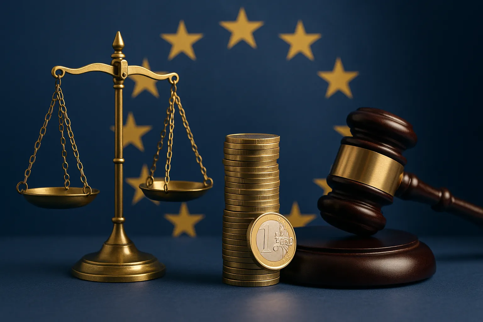 EU regulatory scales of justice with stacked euro coins representing GDPR enforcement fines