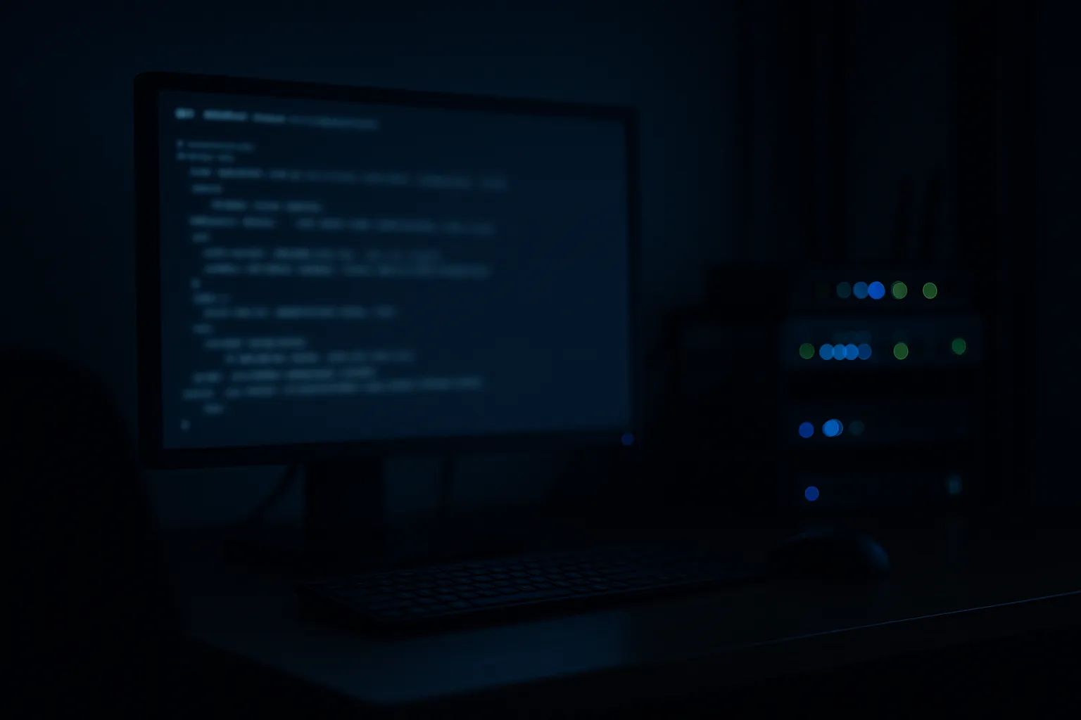 A dark home office at night showing a monitor with a soft focus terminal window and networking equipment with glowing status lights in the background, representing an AI driven hacking session