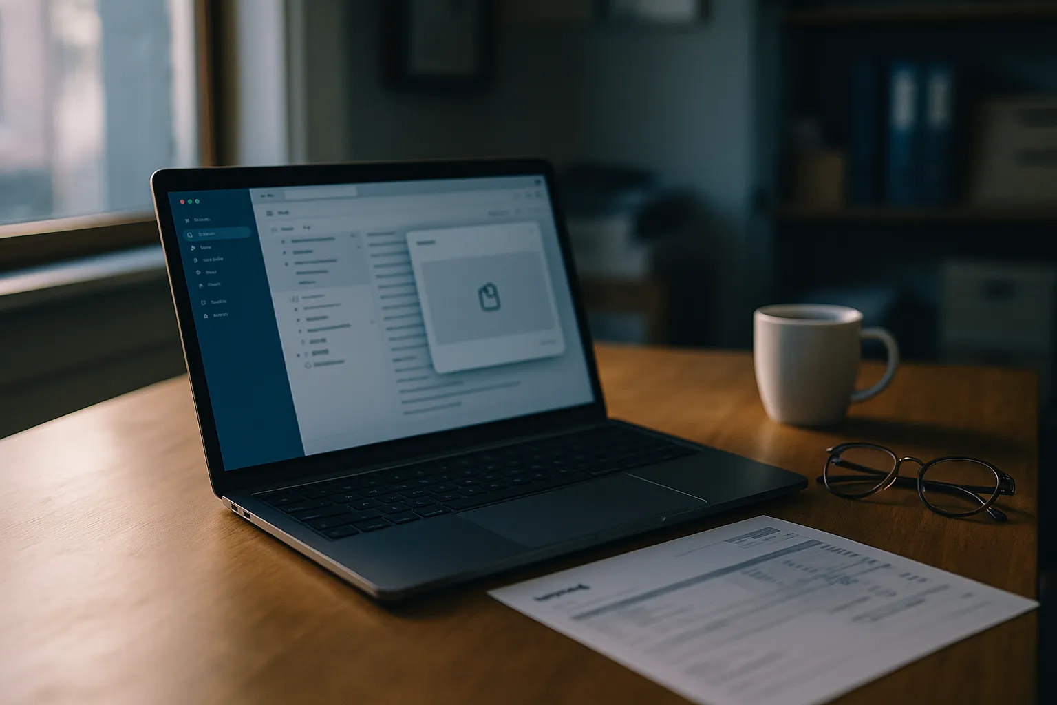 An open laptop on a wooden desk in an office showing an ordinary invoice email, lit by daylight from a nearby window
