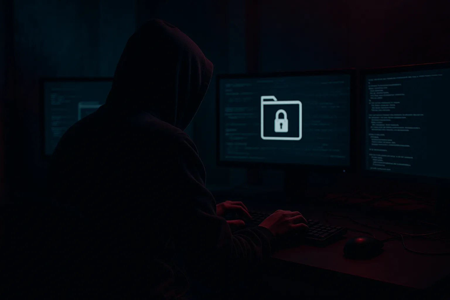 Shadowed figure at computer with multiple monitors showing encrypted files in a dimly lit room, representing anonymous cybercriminal operations