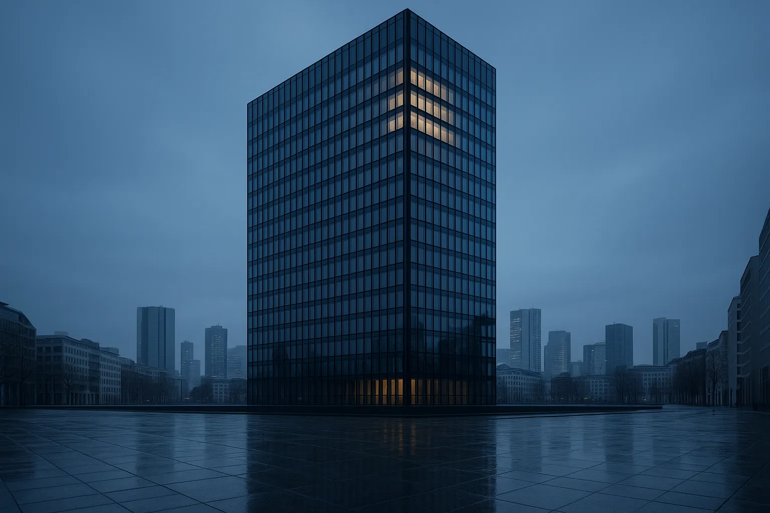 A glass office tower in a German business district at blue hour, most windows dark with a few upper floors still lit, seen from empty wet pavement at street level