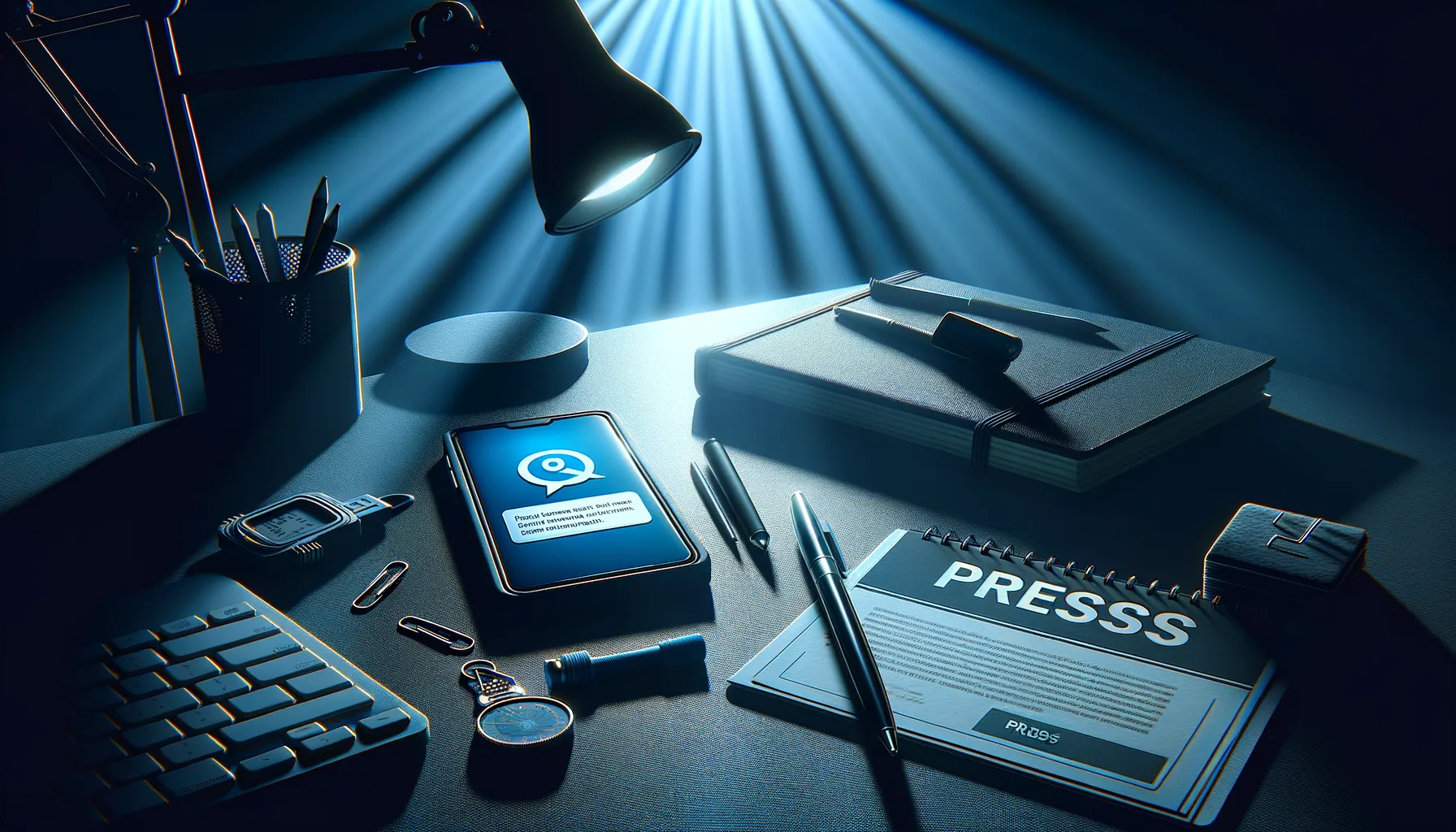 Journalist desk with smartphone showing messaging notification, notebook and press credential under dramatic side lighting