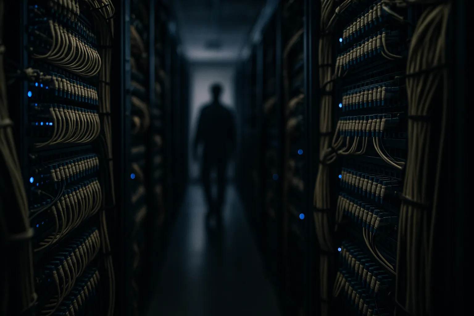 Dimly lit data center aisle with dense fiber optic patch panels and a technician's silhouette, illustrating Germany's expanded intelligence powers over network infrastructure