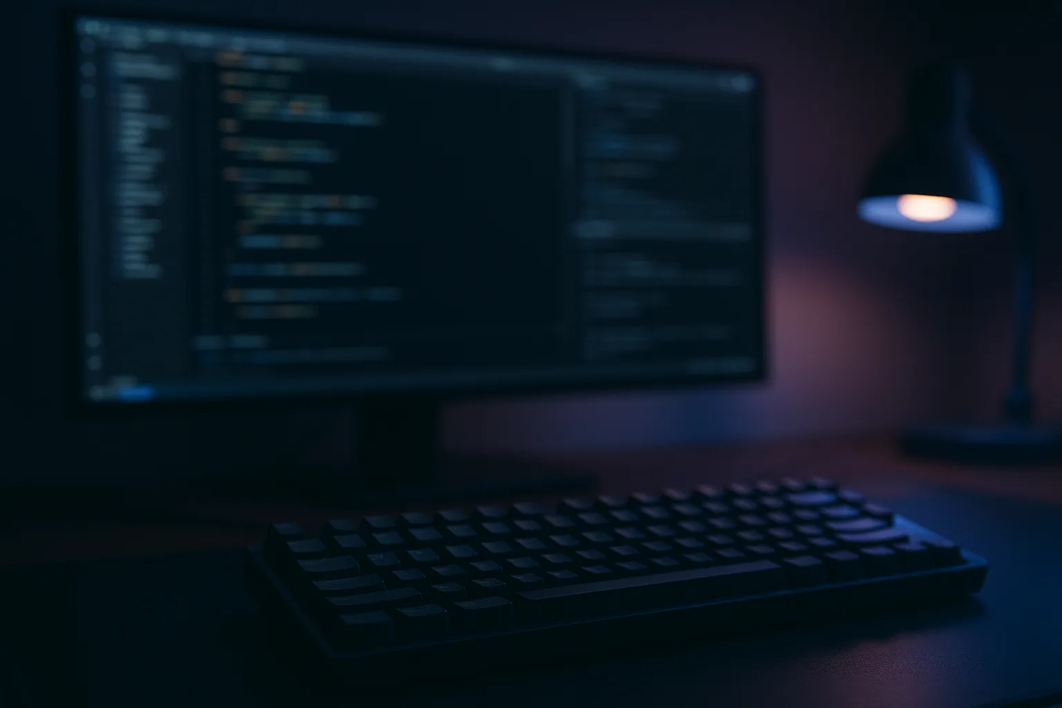 An editorial photograph of a developer's monitor showing terminal windows and a dimly lit keyboard, with subtle indigo light highlighting the workspace representing the silent compromise of unpatched content management systems