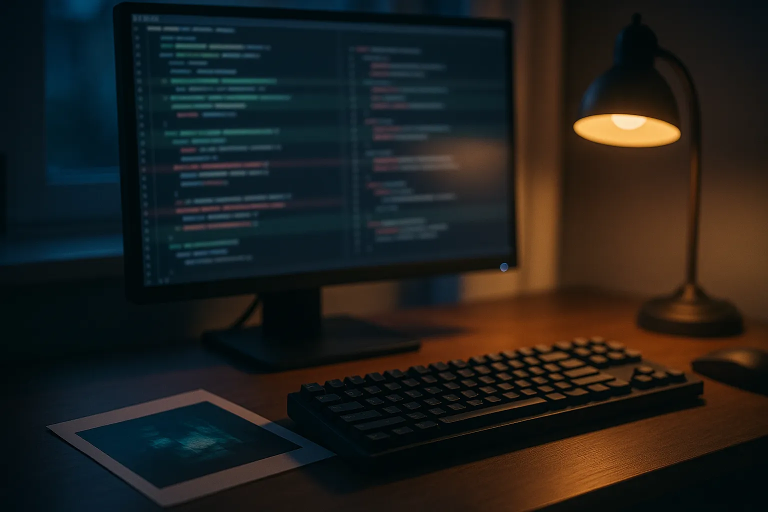 A developer's workspace at dusk with a monitor showing a soft focus code diff and a printed photograph resting beside the keyboard, representing hidden data embedded inside an image file