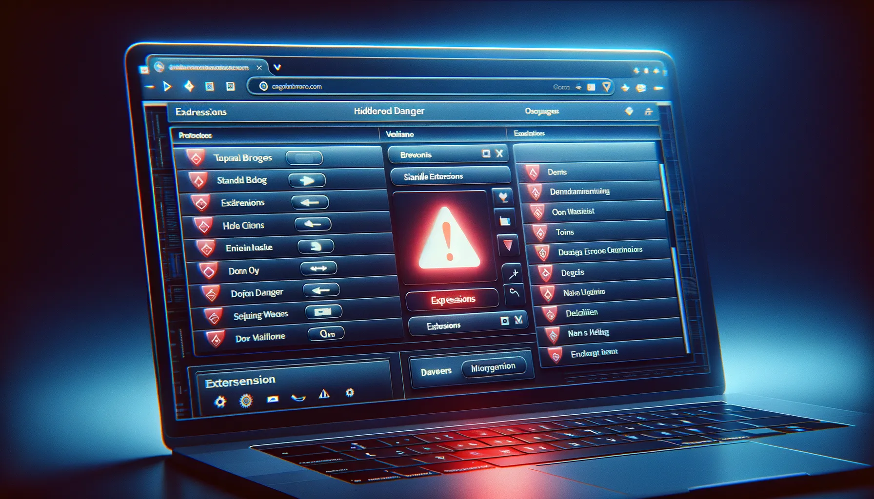 Close up of a laptop screen showing Chrome browser extensions menu with one extension icon glowing red as a warning