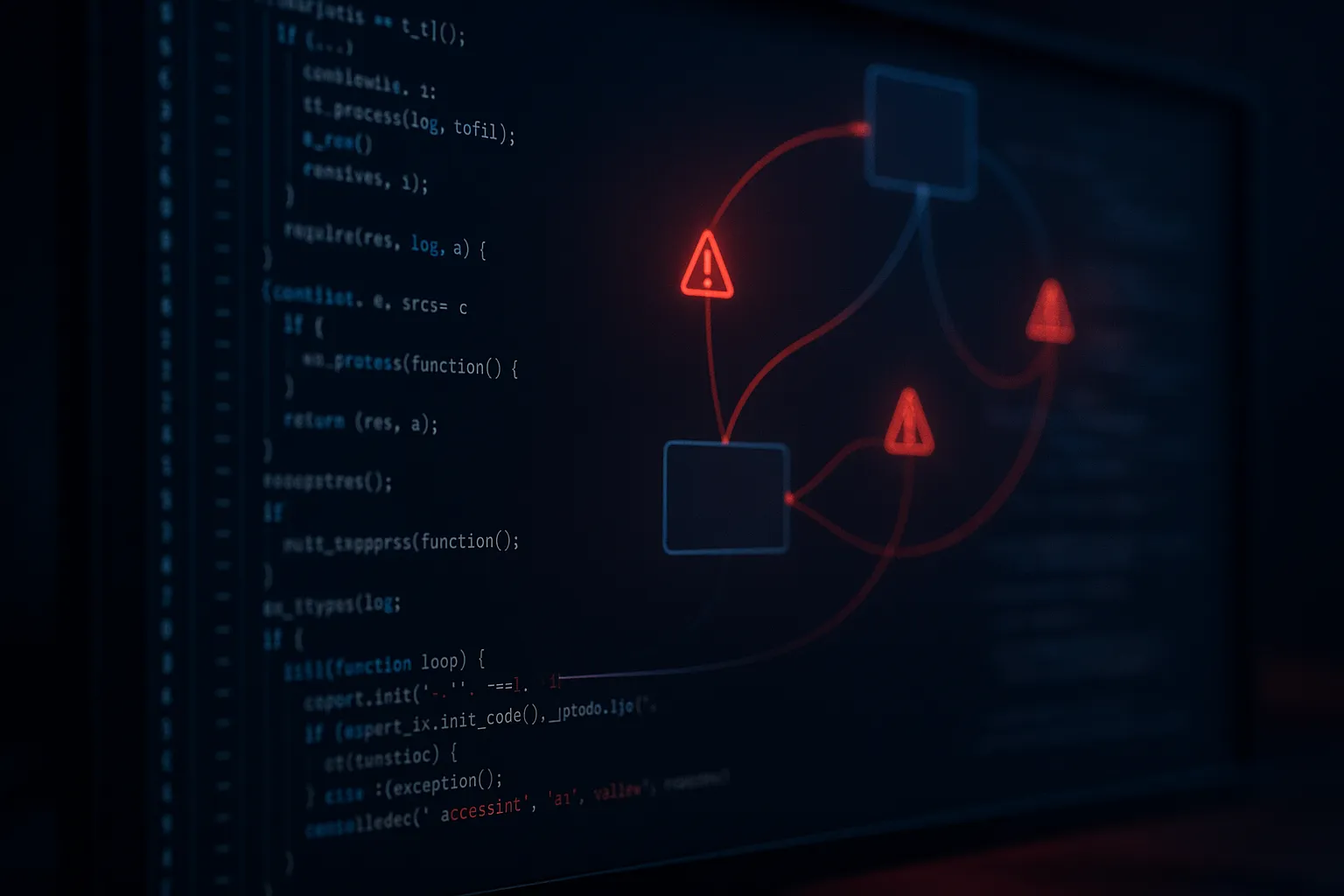 Dark mode code editor showing code on multiple monitors with red warning indicators and network lines representing supply chain attack spreading through code repositories