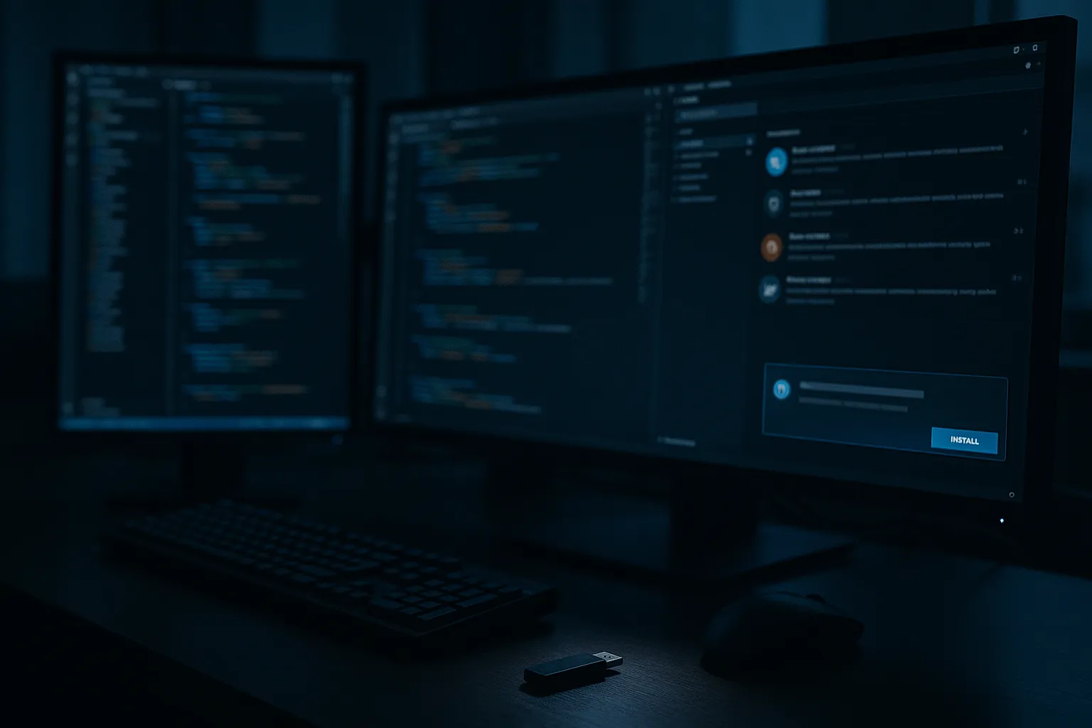 Developer workstation at night with multiple monitors and a glowing code editor extension prompt, representing a poisoned VS Code extension breaching GitHub's internal repositories