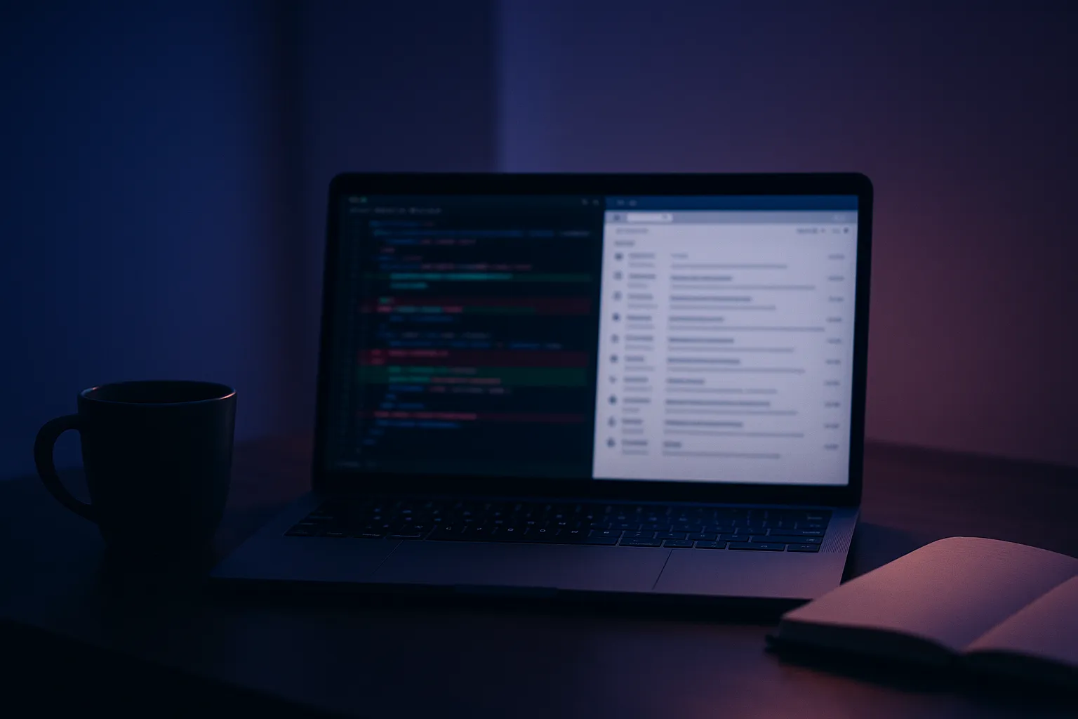Laptop on a desk at night showing a code diff beside an email inbox, illustrating a GitLab merge request sent by email