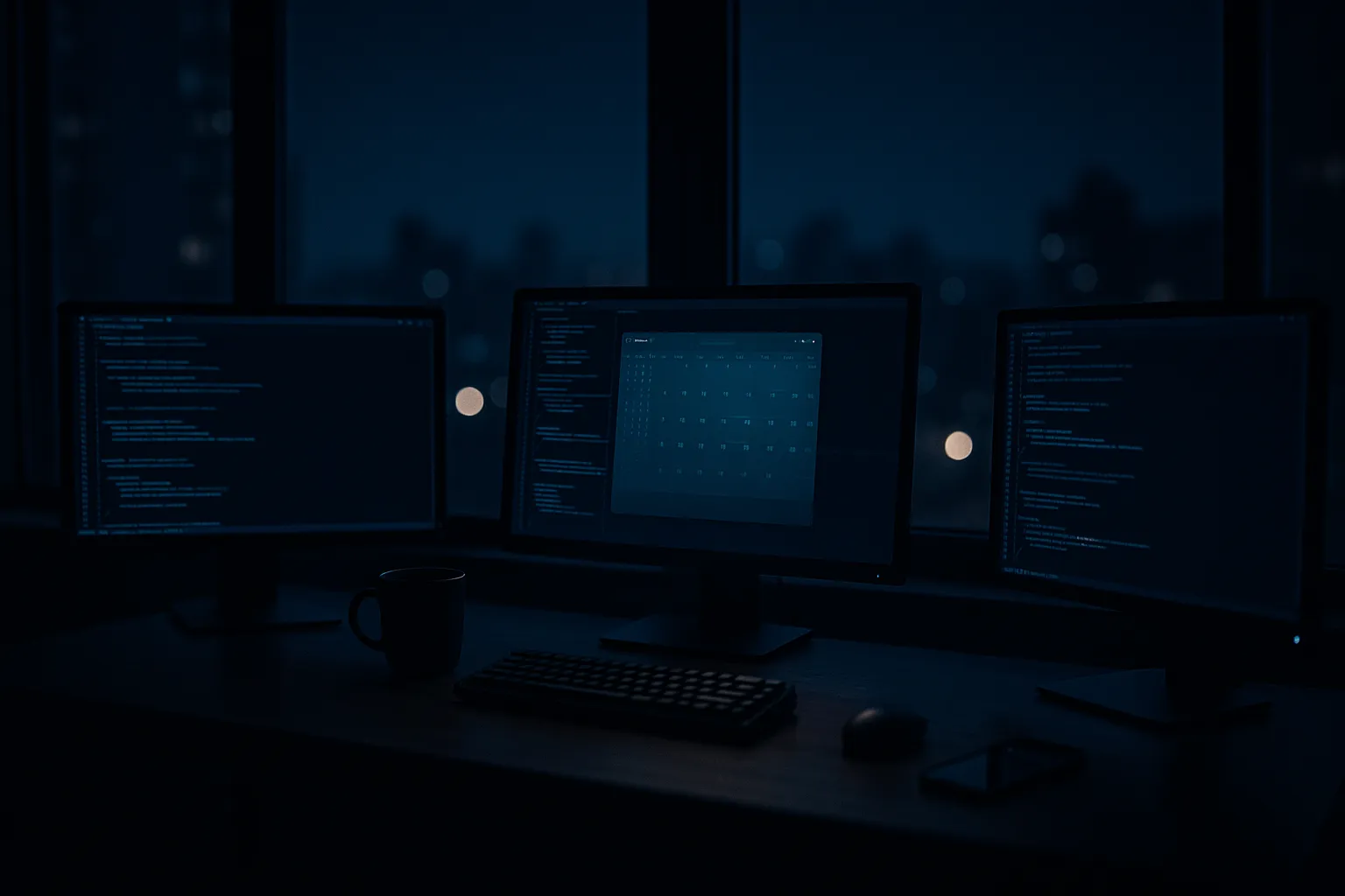 A developer workspace at night with three monitors glowing softly with code editor interfaces and a calendar interface in the center