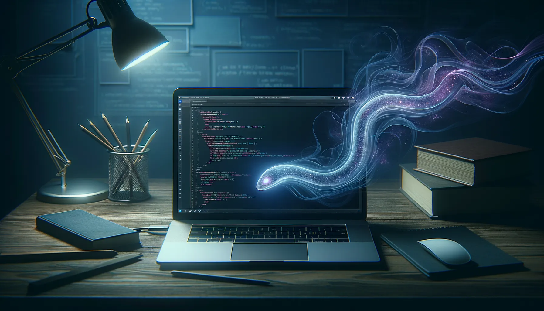 MacBook laptop showing code editor with abstract security threat visualization