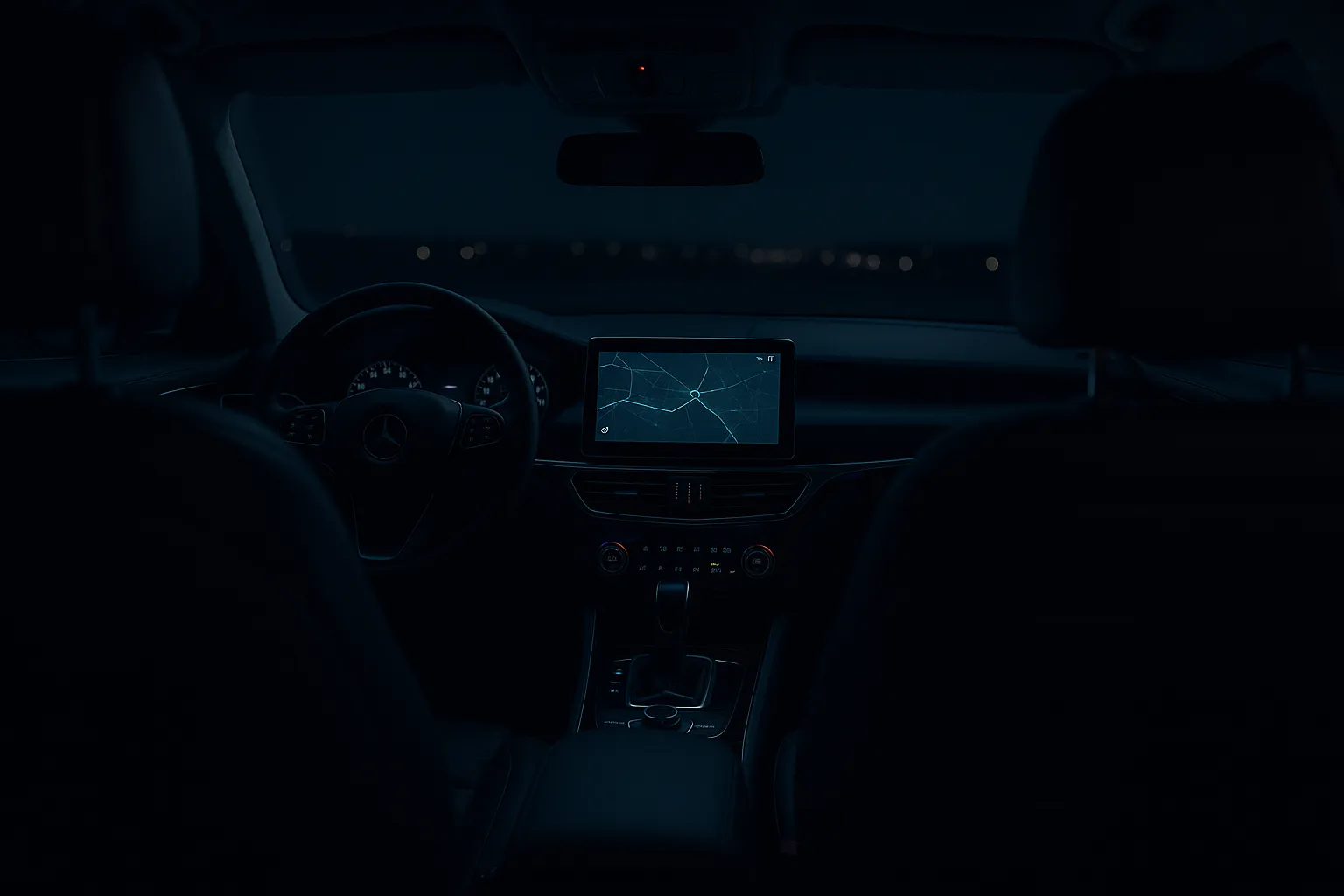 Interior of a connected car at night with the dashboard infotainment screen glowing with a navigation map, suggesting the constant data collection of OnStar telematics