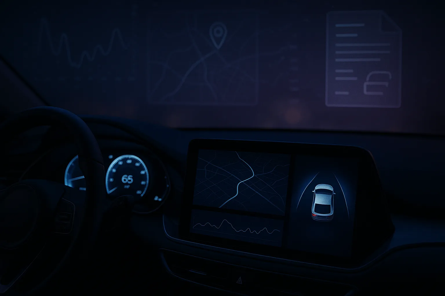 A modern connected car dashboard glowing at night with a data-broker overlay showing GPS trails and insurance document silhouettes in deep indigo and charcoal tones