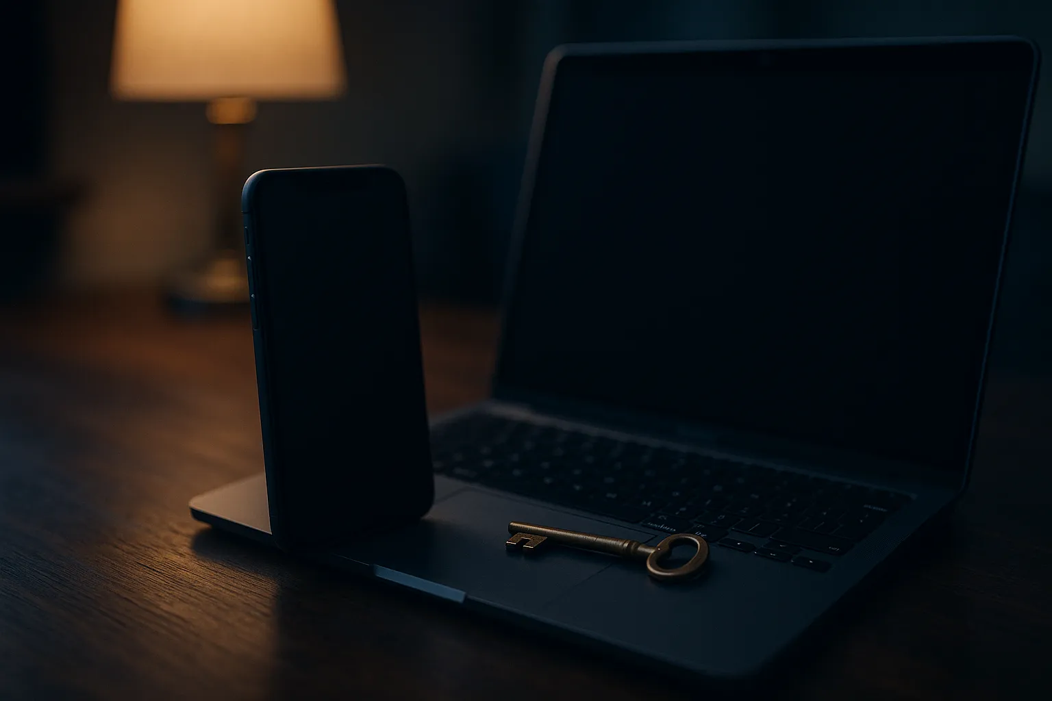 A smartphone and a laptop on a wooden desk showing dim dark login screens, a small brass key resting on the keyboard, moody low light from a side lamp, blurred background, indigo and deep blue ambient color grading