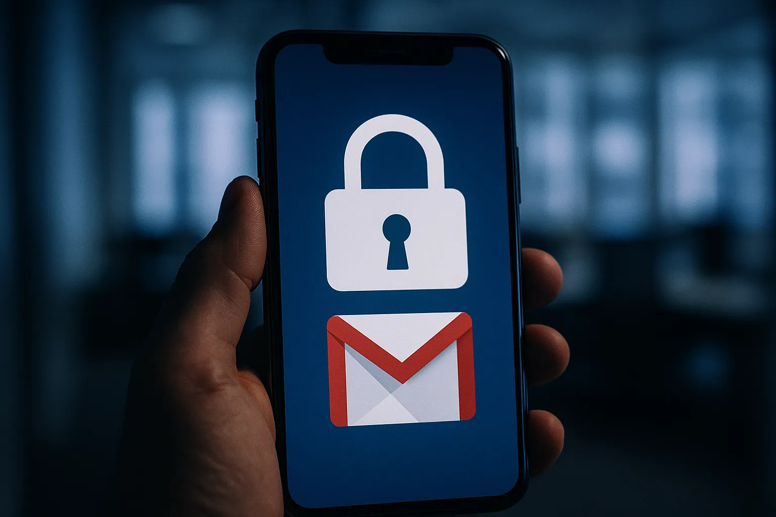 Smartphone displaying Gmail app with a lock icon symbolizing end to end encryption in an office environment
