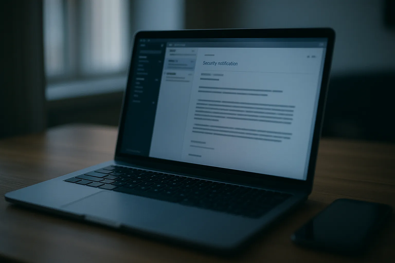 An editorial photograph of a laptop on a desk in muted indigo light displaying an open email client with a long security notification, shallow depth of field suggesting a message that hides content below the visible fold