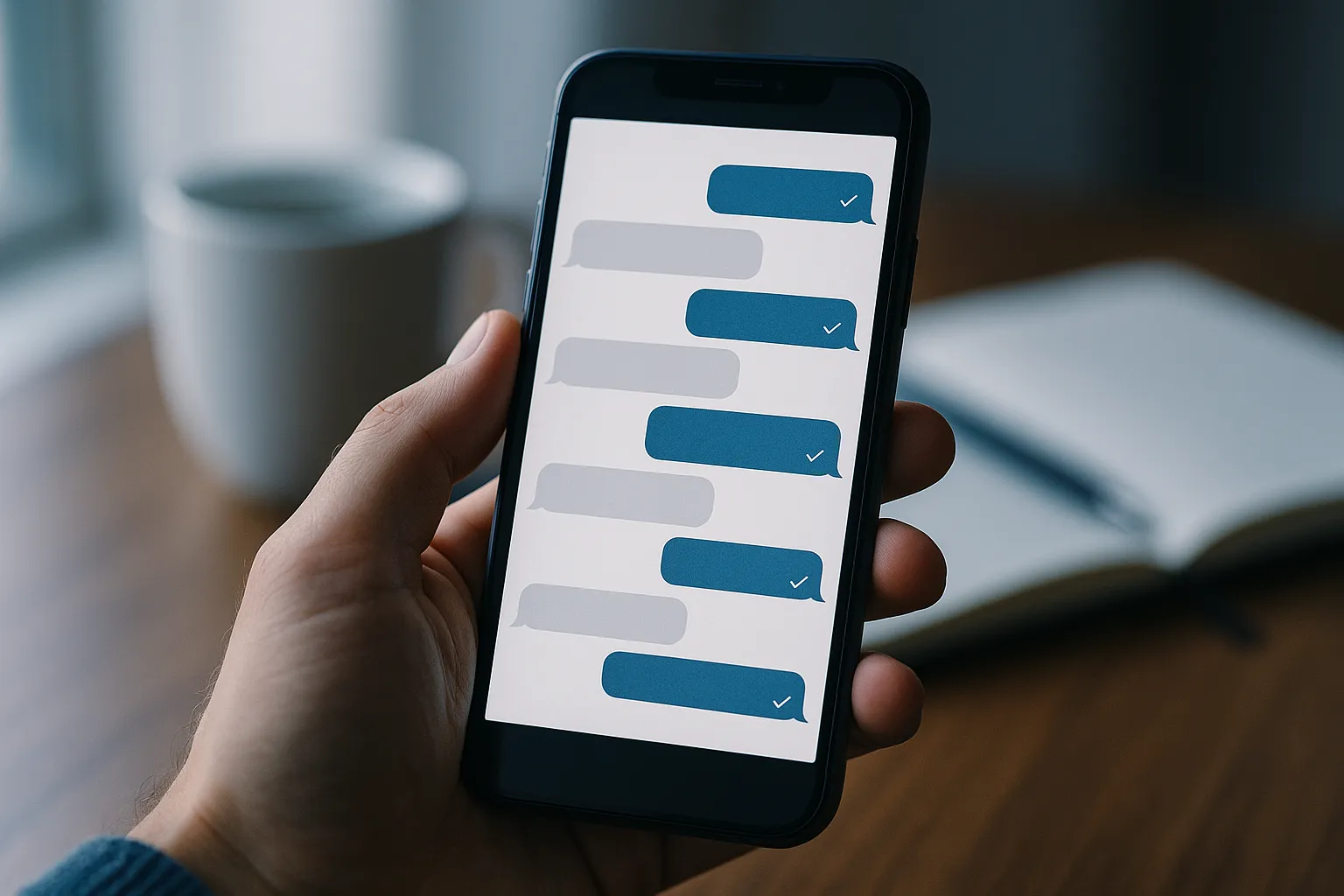 A hand holding a smartphone displaying a messaging conversation with small check mark style read indicators, soft window light, a coffee cup and notebook blurred in the background, indigo and deep blue ambient color grading