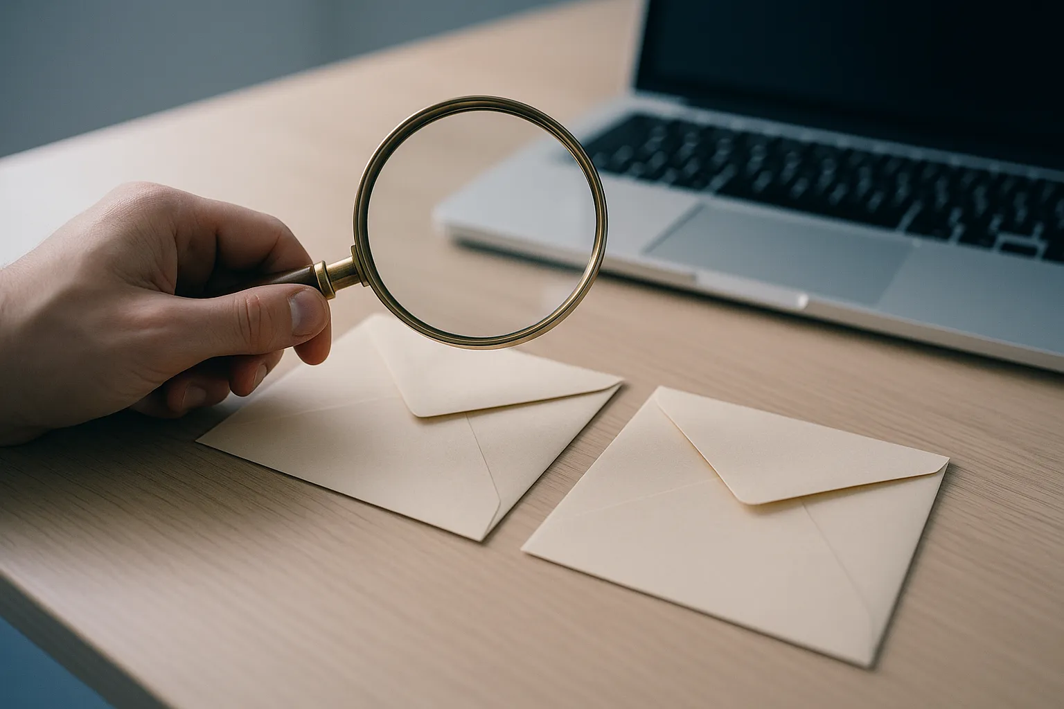 A hand holding a magnifying glass over two nearly identical blank envelopes on a wooden desk beside a laptop