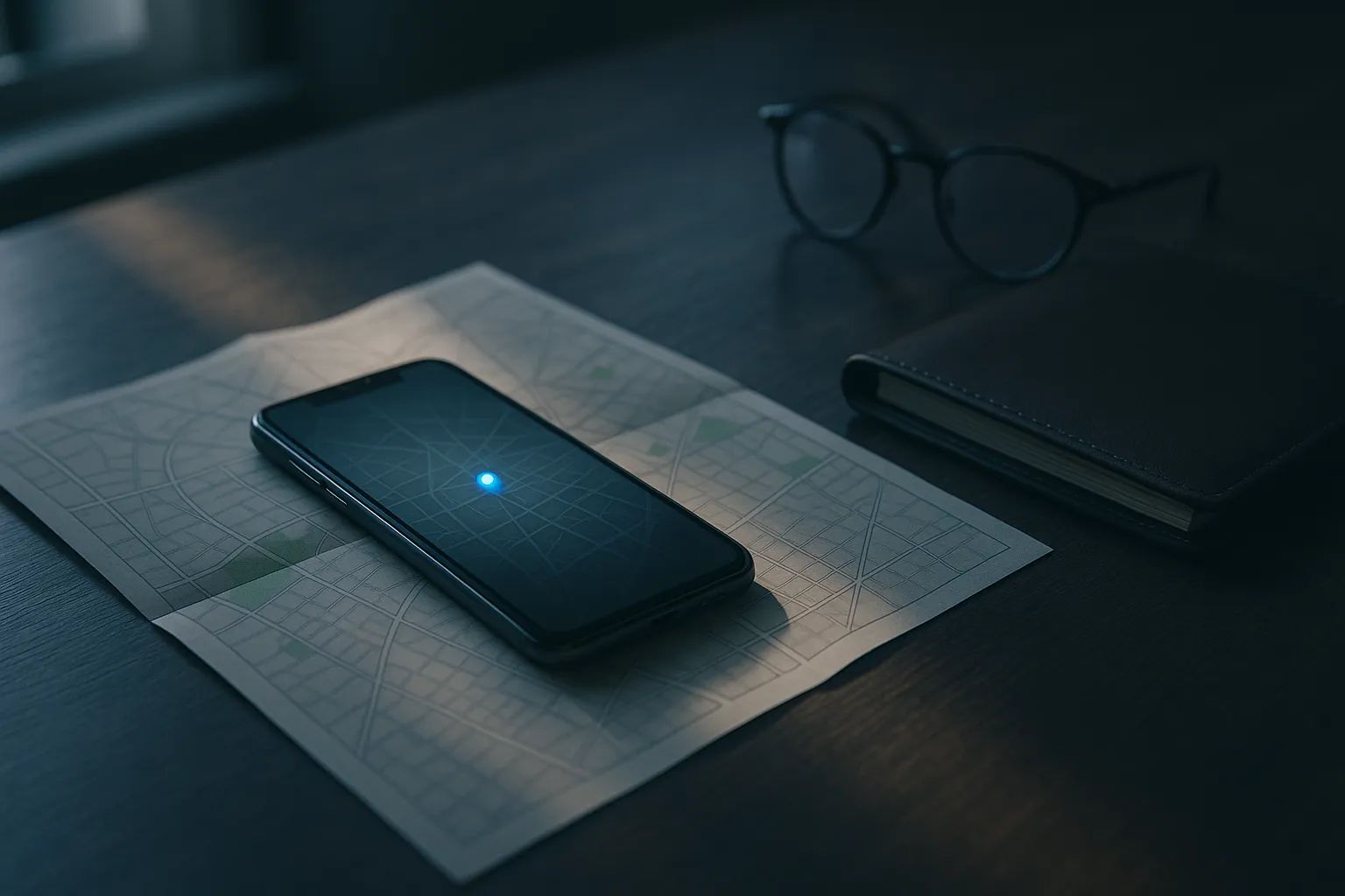 A smartphone resting face up on a folded paper street map on a wooden desk, a single blue location dot glowing on the screen, lit by soft natural window light