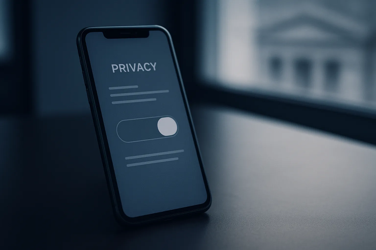 An editorial photograph of a smartphone resting on a desk showing a privacy settings screen with a toggle switched to the off position, lit in muted indigo light with shallow depth of field, representing an opt out control that did not stop data collection