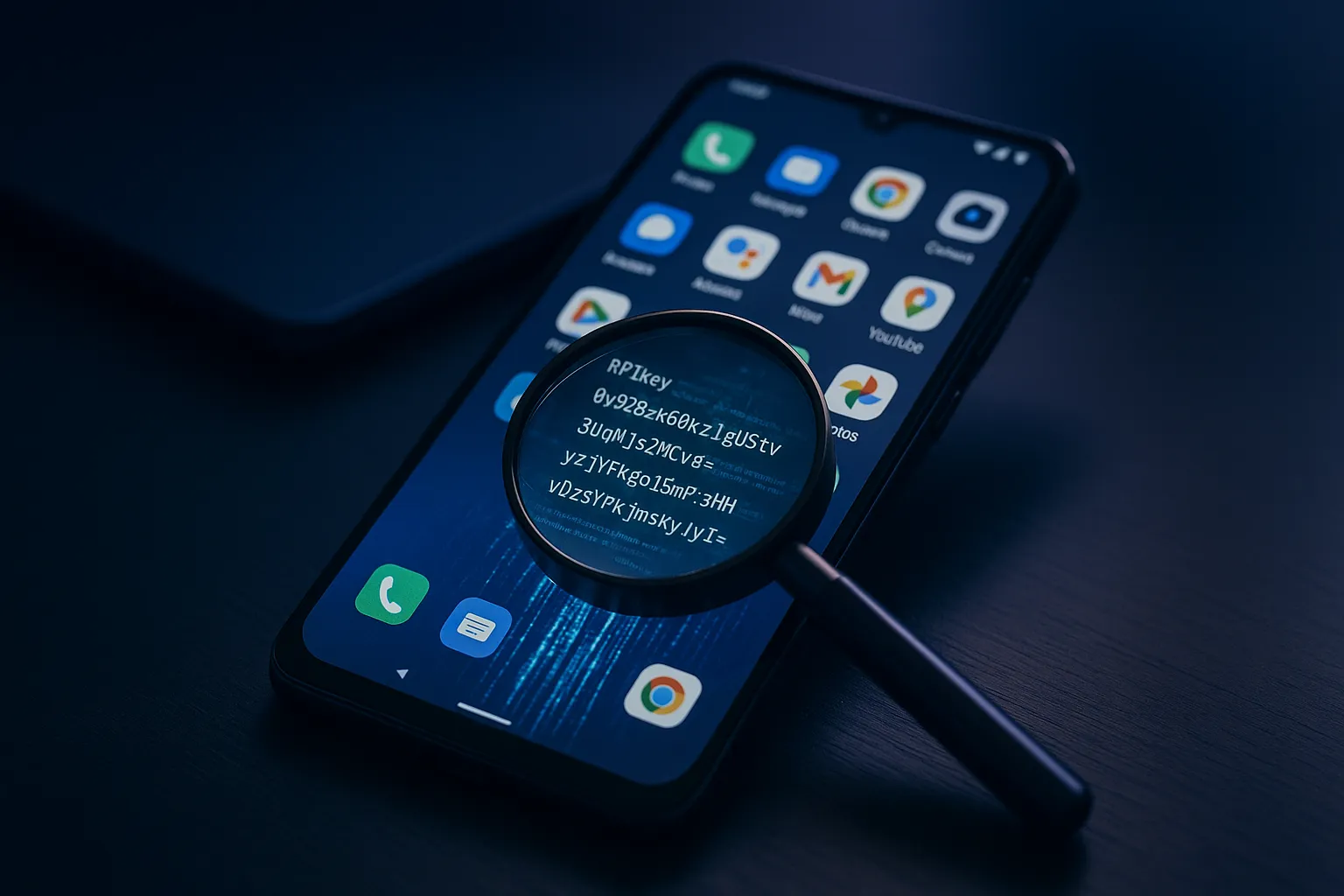 Android smartphone with app icons and data streams flowing outward symbolizing exposed API keys and data leakage