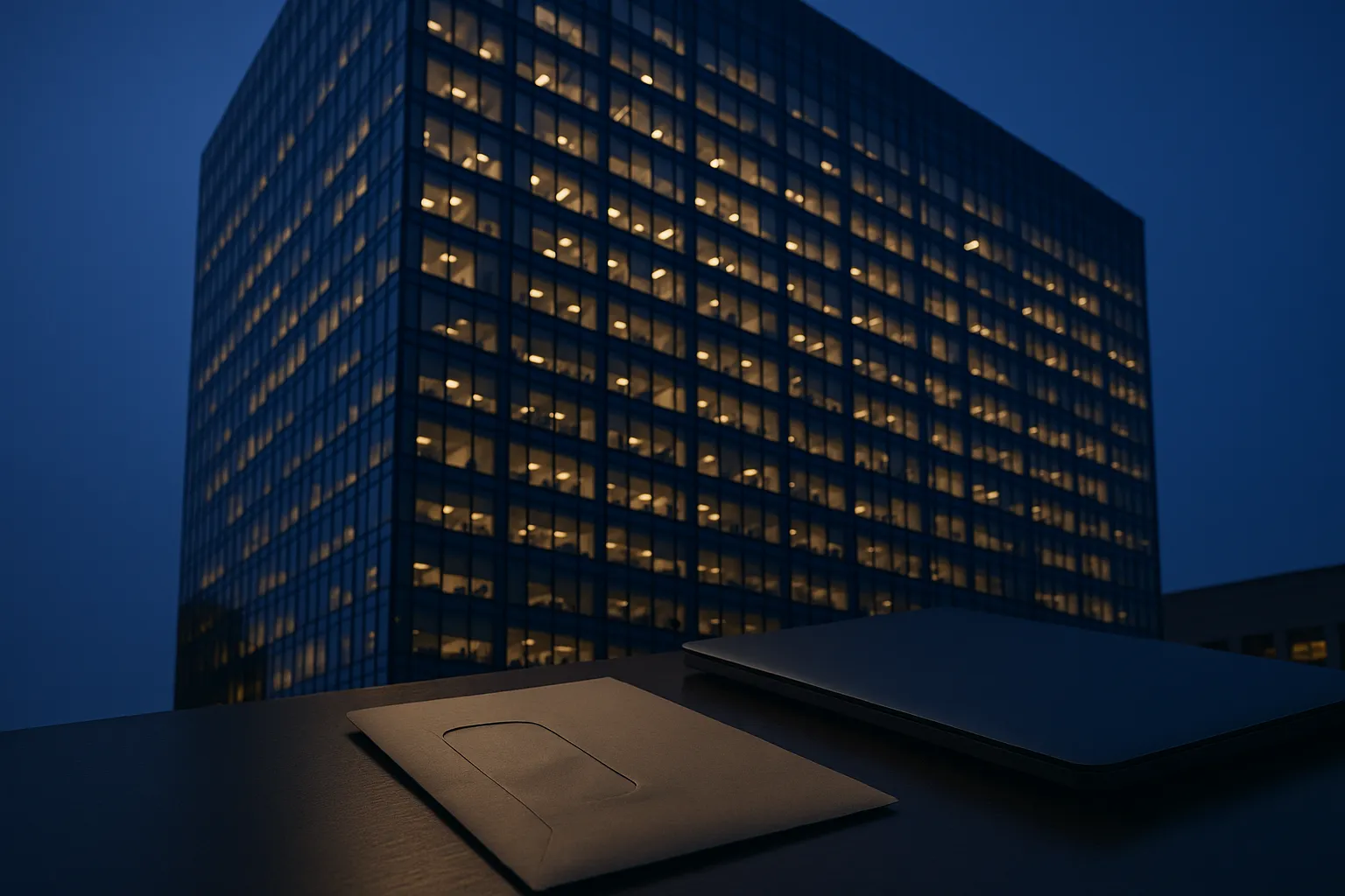 A corporate glass office building at twilight with illuminated windows reflecting government-style documents on a desk below, conveying silent surveillance and regulatory oversight